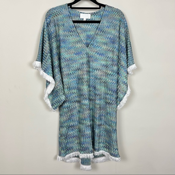 ALEXIS PONCHO COVER UP IN BLUE AND GREEN WITH WHITE FRINGE TRIM SIZE XS/S - Picture 4 of 13